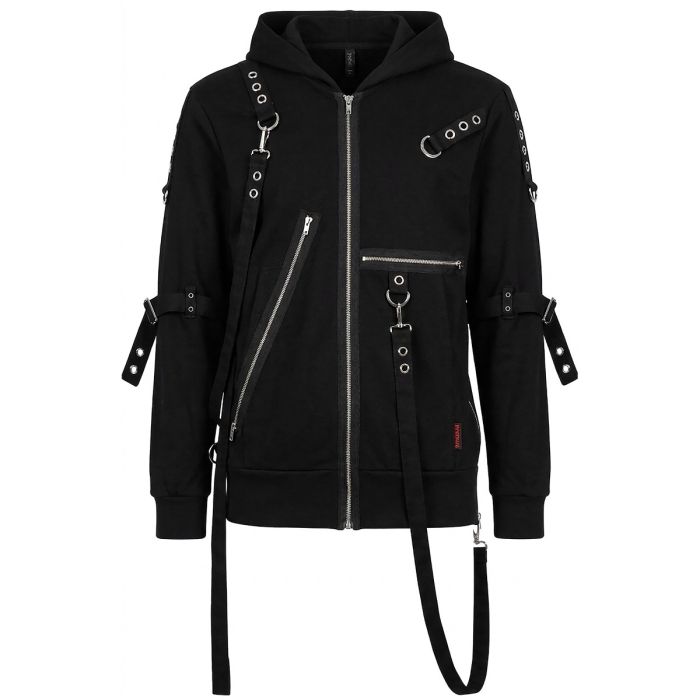 Nuvoun black gothic multi-strap zip-up hoodie featuring silver metal hardware, eyelets, and asymmetrical zippers.