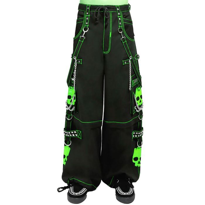 Nuvoun black wide-leg cyberpunk pants featuring neon green contrast stitching, large green skull prints