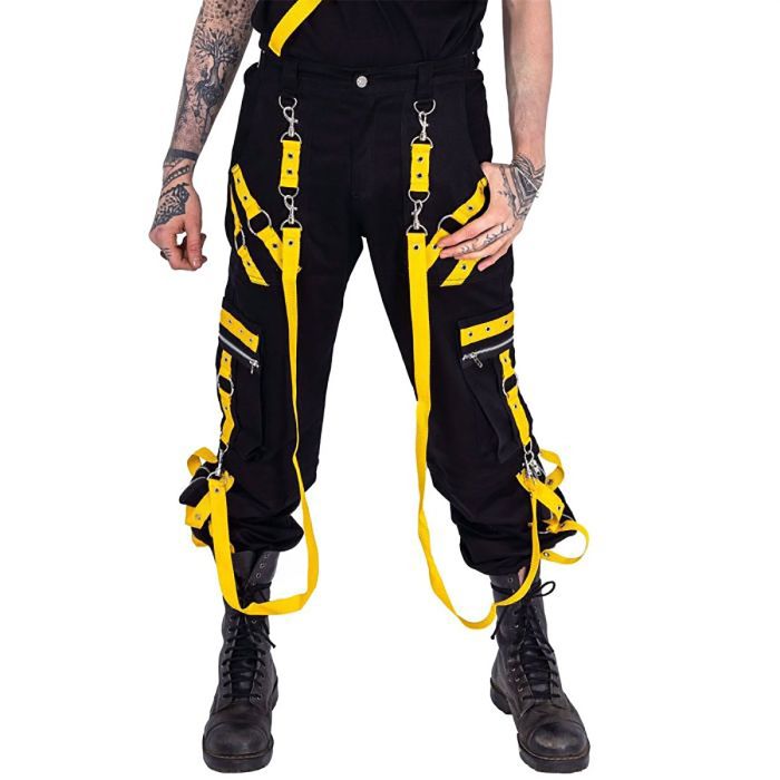 Nuvoun men's black industrial bondage pants with yellow straps and silver hardware.