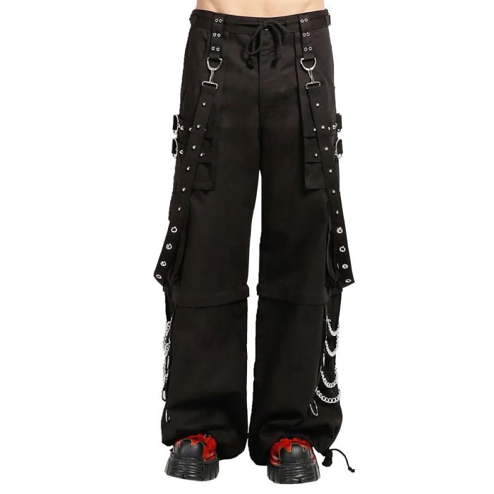 Nuvoun of men's black cotton gothic streetwear trousers, featuring silver metal chains, eyelet bondage straps, and deep cargo pockets.