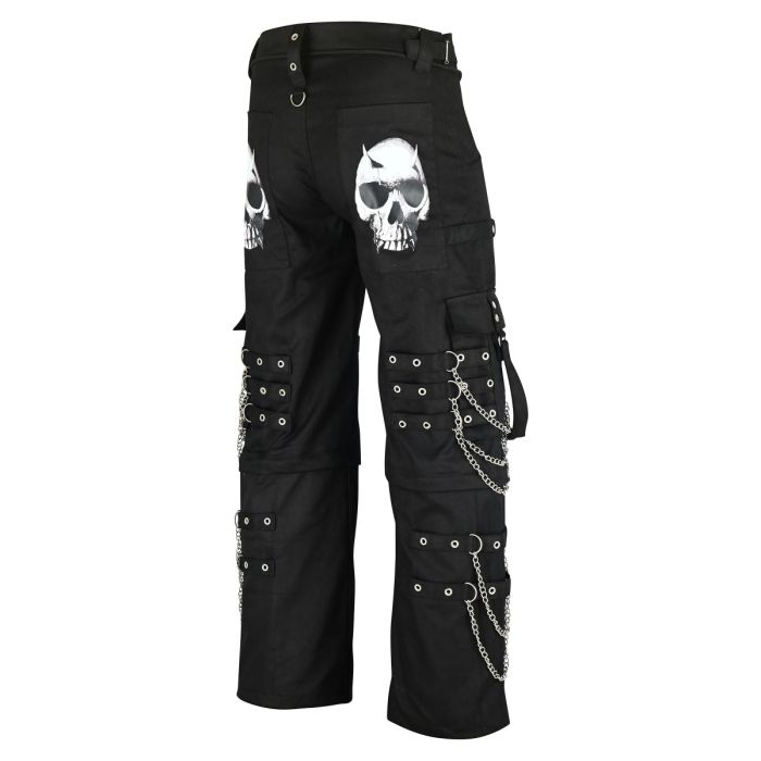 Nuvoun Men's Gothic Punk Black Cargo Bondage Pants with Metal Chains and Skull Print