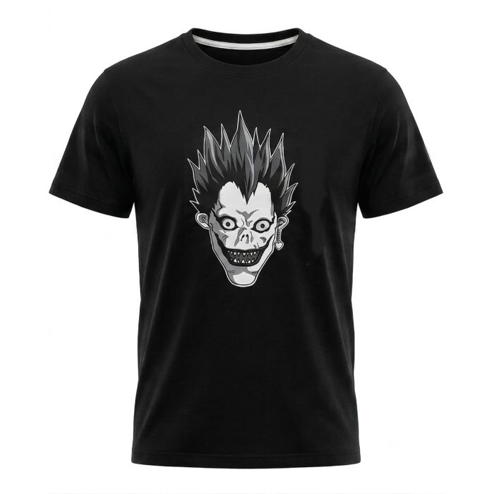 Black men's t-shirt featuring a white gothic anime-style grinning monster face graphic, by Nuvoun.
