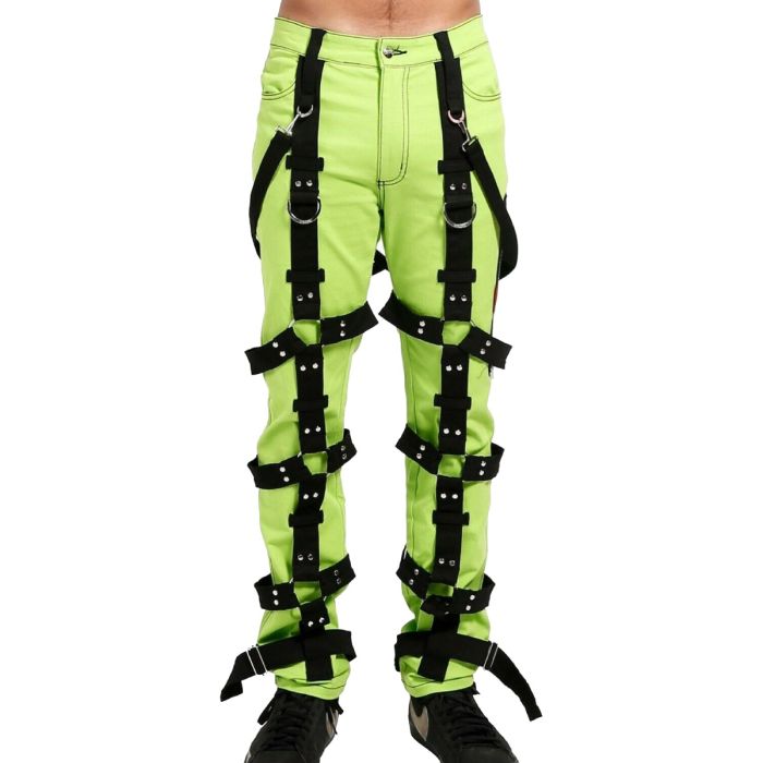 Nuvoun men's lime green gothic bondage pants featuring heavy black removable harness straps, D-rings, and rivet hardware