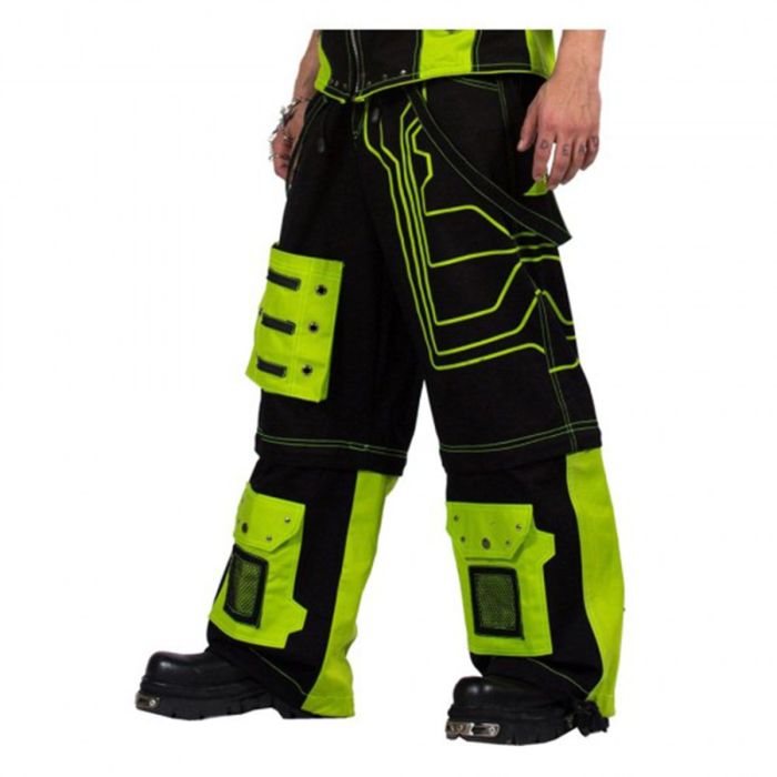 Nuvoun cyberpunk wide-leg pants with neon green panels and mesh pocket details