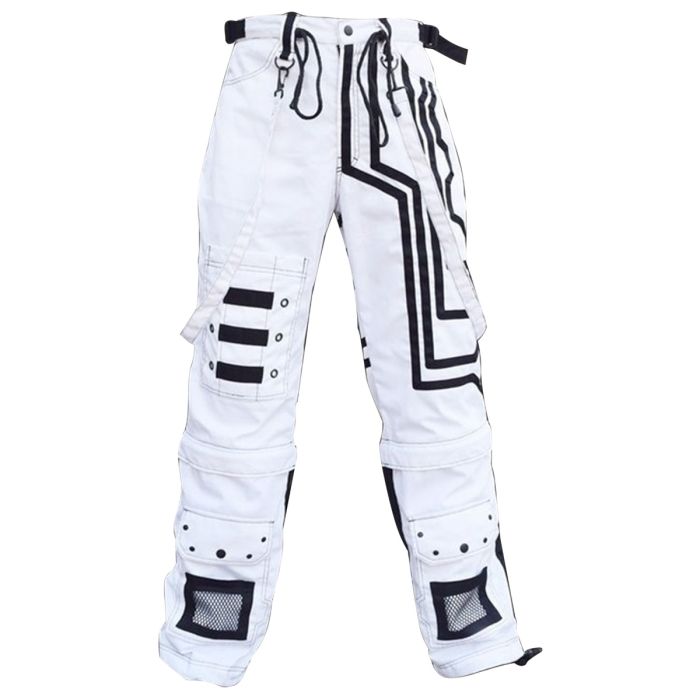 Men's White and Black Cyberpunk Gothic Baggy Pants Front View with Tactical Straps