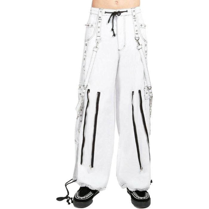 Nuvoun men's white cotton twill gothic bondage pants featuring a baggy wide-leg fit, heavy-duty black zippers, and hanging D-ring straps.