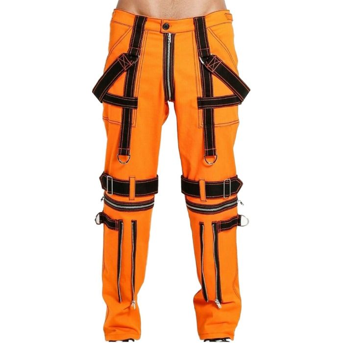 Nuvoun Bright Orange Gothic Punk Baggy Bondage Pants with Black Contrast Straps and Metal Zippers