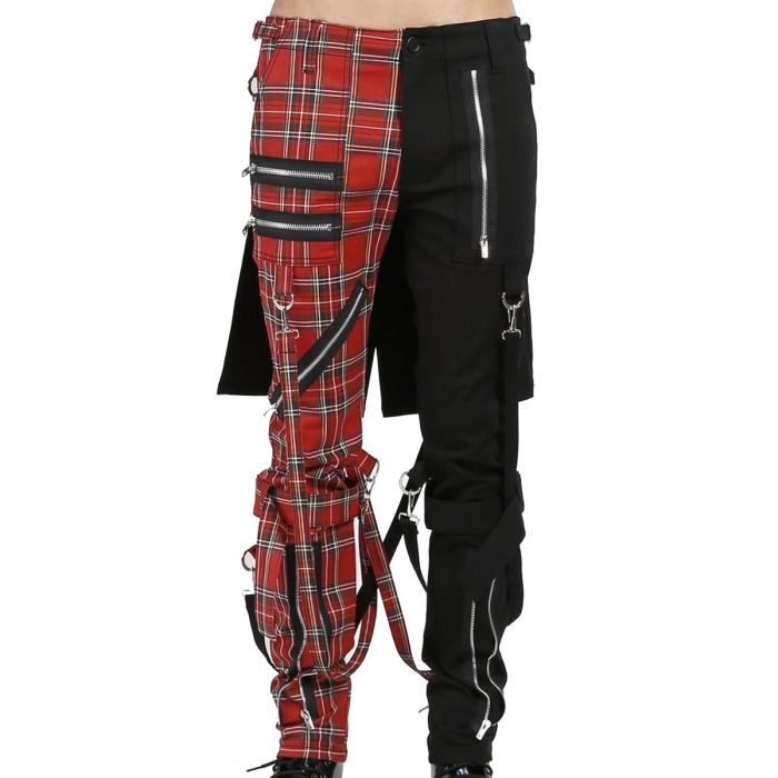Nuvoun men's split leg bondage pants in red plaid and black with heavy metal punk hardware.