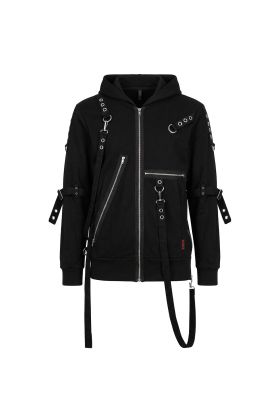 Nuvoun black gothic multi-strap zip-up hoodie featuring silver metal hardware, eyelets, and asymmetrical zippers.