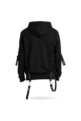 Nuvoun black gothic multi-strap zip-up hoodie featuring silver metal hardware, eyelets, and asymmetrical zippers.