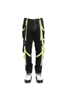 Nuvoun men's black and neon yellow gothic punk bondage pants featuring hanging straps, metal studs, and contrast stitching on a white background.