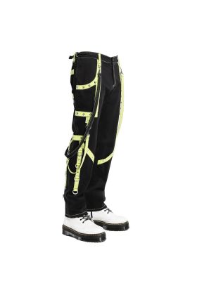 Nuvoun men&#039;s black and neon yellow gothic punk bondage pants featuring hanging straps, metal studs, and contrast stitching on a white background.