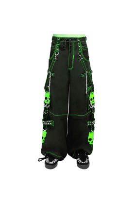 Nuvoun black wide-leg cyberpunk pants featuring neon green contrast stitching, large green skull prints