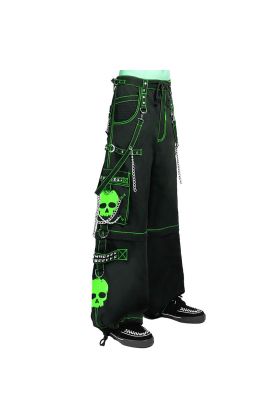Nuvoun black wide-leg cyberpunk pants featuring neon green contrast stitching, large green skull prints
