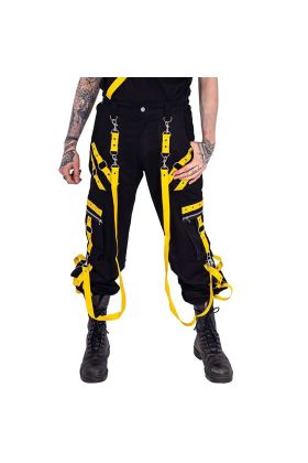 Nuvoun men's black industrial bondage pants with yellow straps and silver hardware.