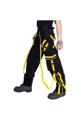 Nuvoun men&#039;s black industrial bondage pants with yellow straps and silver hardware.