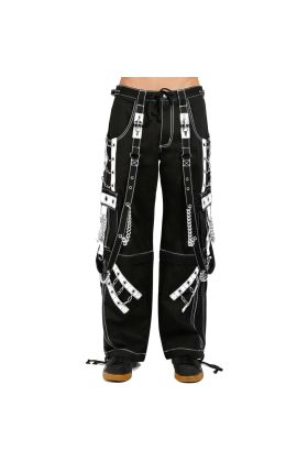 Nuvoun men's split leg bondage pants in red plaid and black with heavy metal punk hardware.