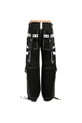 Nuvoun men&#039;s split leg bondage pants in red plaid and black with heavy metal punk hardware.