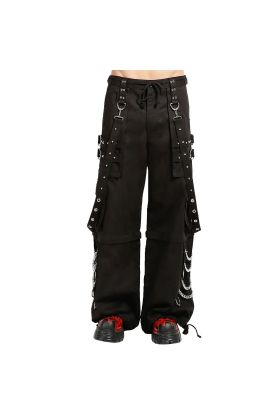 Nuvoun of men's black cotton gothic streetwear trousers, featuring silver metal chains, eyelet bondage straps, and deep cargo pockets.