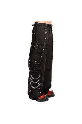 Nuvoun of men&#039;s black cotton gothic streetwear trousers, featuring silver metal chains, eyelet bondage straps, and deep cargo pockets.