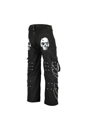 Nuvoun Men's Gothic Punk Black Cargo Bondage Pants with Metal Chains and Skull Print