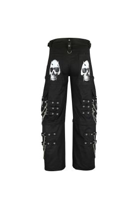 Nuvoun Men&#039;s Gothic Punk Black Cargo Bondage Pants with Metal Chains and Skull Print