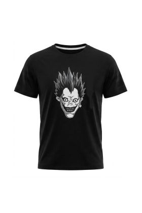 Black men's t-shirt featuring a white gothic anime-style grinning monster face graphic, by Nuvoun.