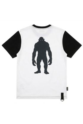 Black men&#039;s t-shirt featuring a white gothic anime-style grinning monster face graphic, by Nuvoun.