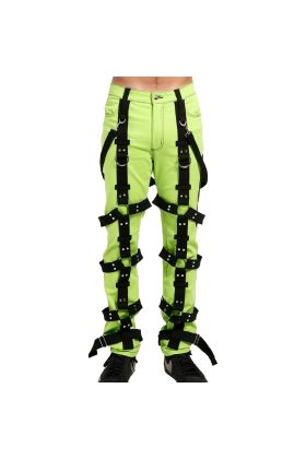 Nuvoun men's lime green gothic bondage pants featuring heavy black removable harness straps, D-rings, and rivet hardware