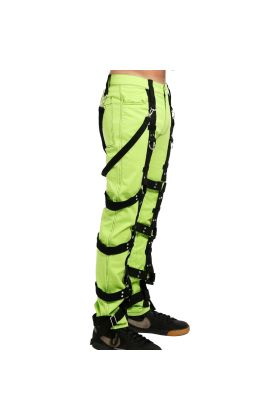 Nuvoun men&#039;s lime green gothic bondage pants featuring heavy black removable harness straps, D-rings, and rivet hardware