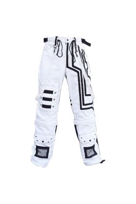 Men's White and Black Cyberpunk Gothic Baggy Pants Front View with Tactical Straps
