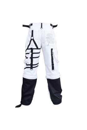 Men&#039;s White and Black Cyberpunk Gothic Baggy Pants Front View with Tactical Straps