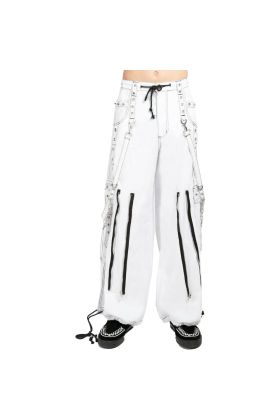 Nuvoun men's white cotton twill gothic bondage pants featuring a baggy wide-leg fit, heavy-duty black zippers, and hanging D-ring straps.
