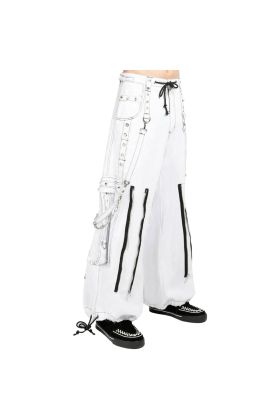 Nuvoun men&#039;s white cotton twill gothic bondage pants featuring a baggy wide-leg fit, heavy-duty black zippers, and hanging D-ring straps.
