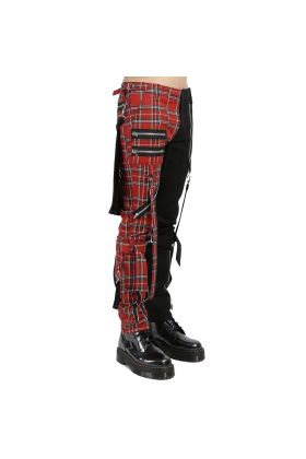 Nuvoun men&#039;s split leg bondage pants in red plaid and black with heavy metal punk hardware.