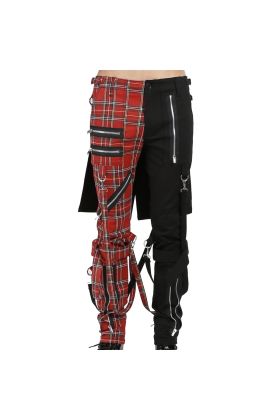 Nuvoun men's split leg bondage pants in red plaid and black with heavy metal punk hardware.