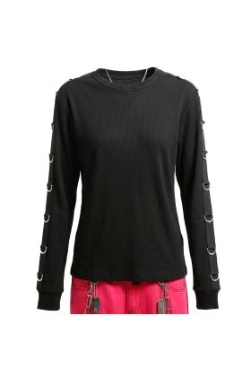 Nuvoun women's black ribbed long-sleeve gothic top featuring metal D-ring strap details along the sleeves.