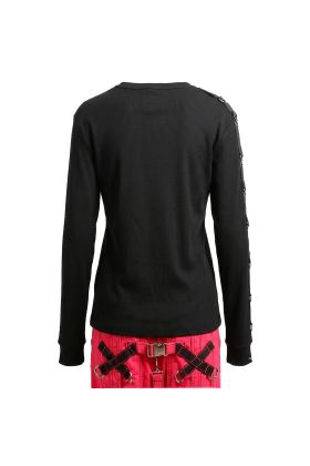 Nuvoun women&#039;s black ribbed long-sleeve gothic top featuring metal D-ring strap details along the sleeves.
