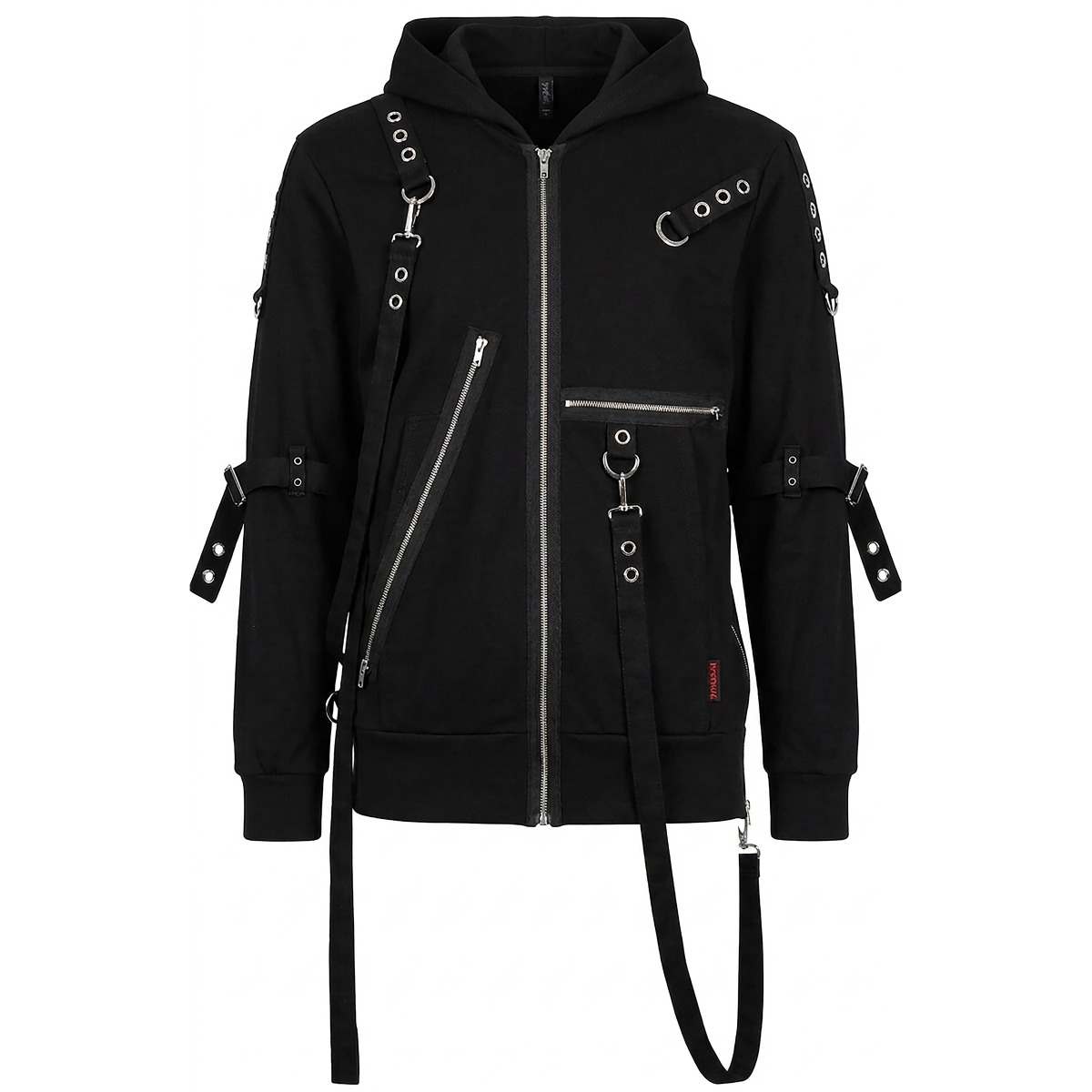 Front view of Nuvoun cyber goth punk style bondage strap hoodie jacket in black with metal D-rings
