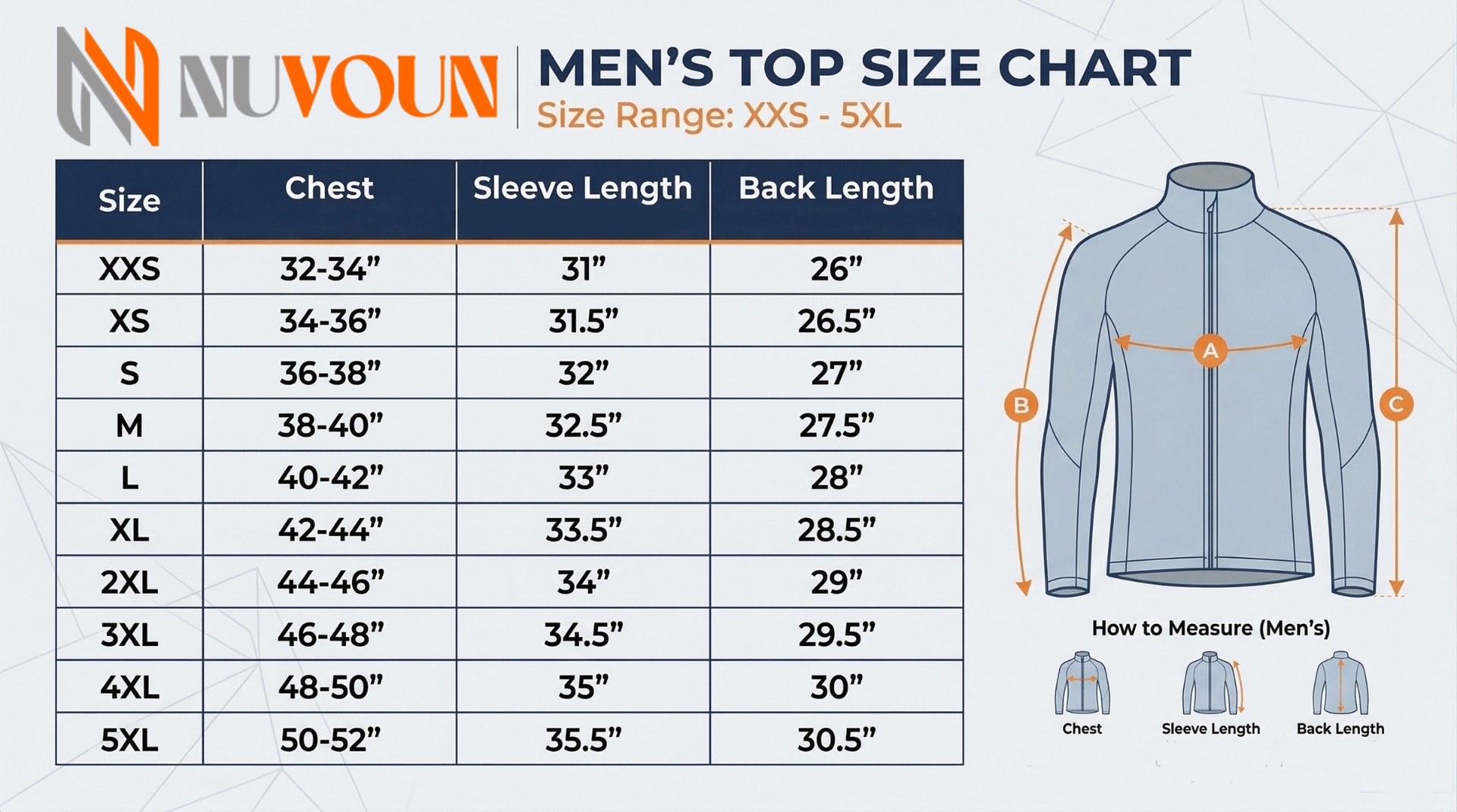 Nuvoun Men's Tops and T-Shirts Official Size Chart