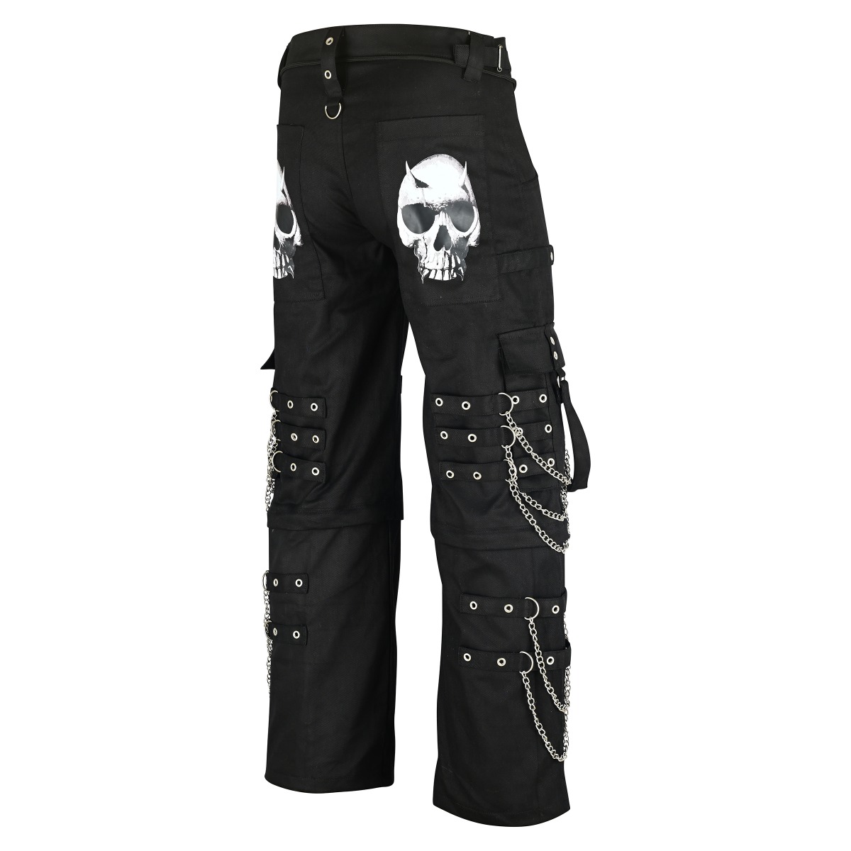 Back view of Nuvoun men's black baggy bondage pants featuring white skull pocket prints, silver chains, and D-ring hardware