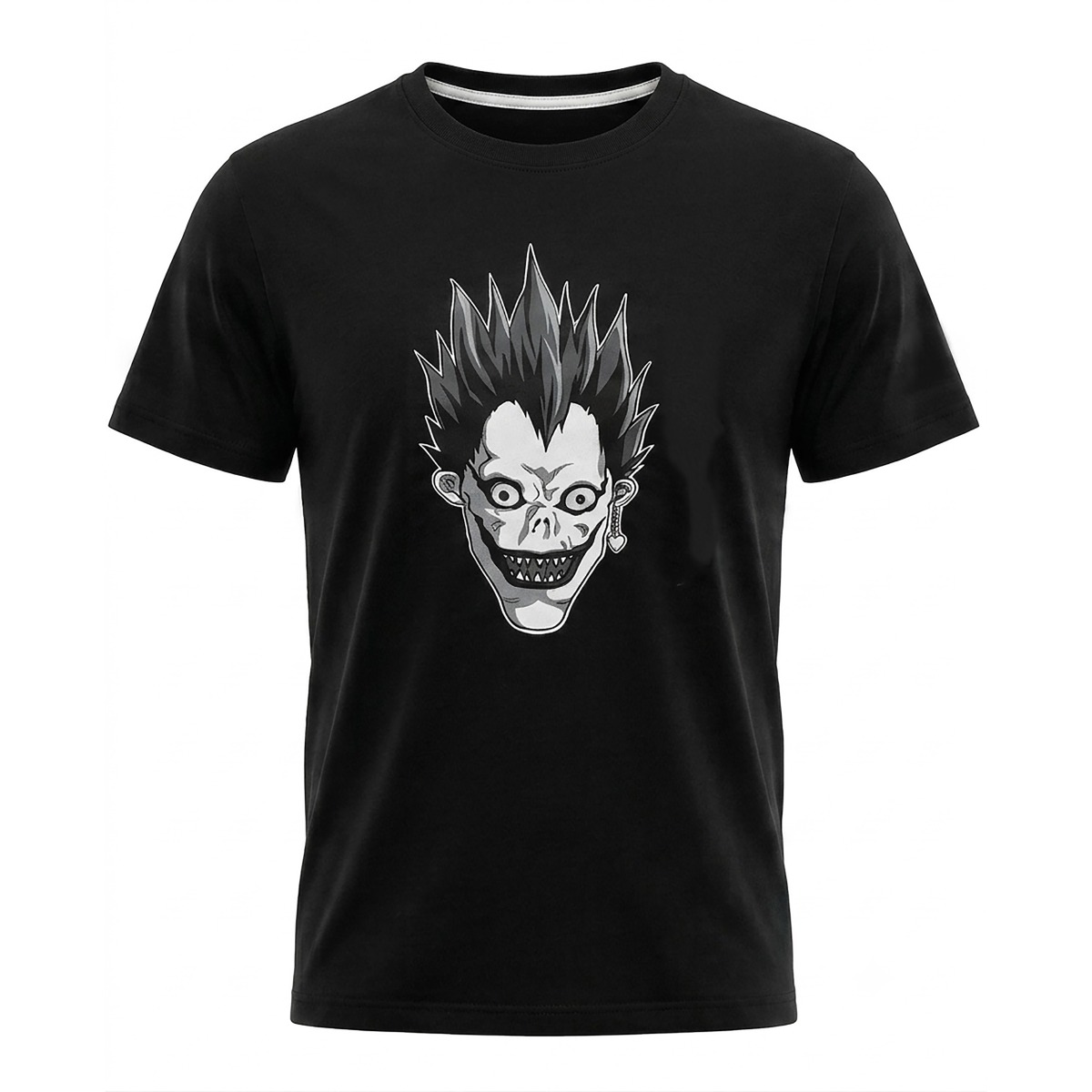 Black men's t-shirt featuring a white gothic anime-style grinning monster face graphic, by Nuvoun