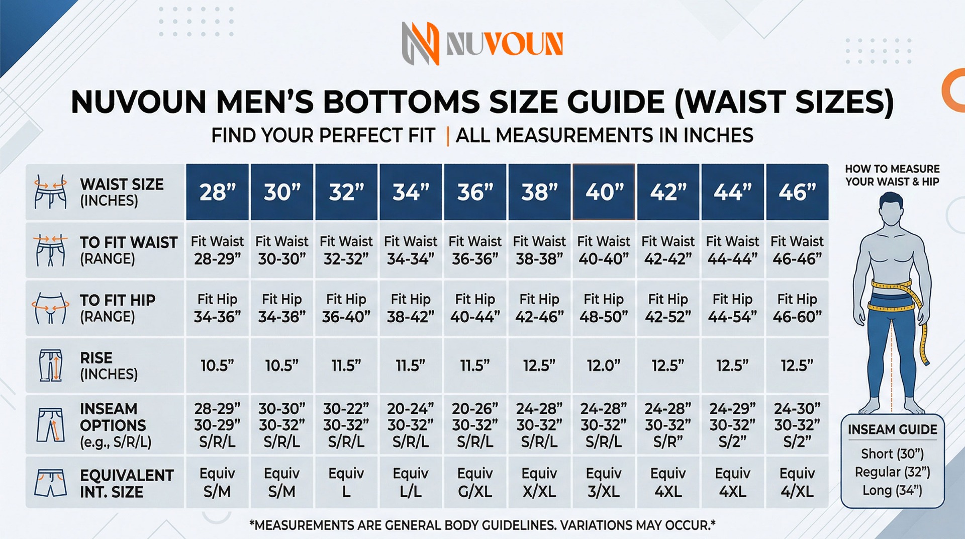 Nuvoun Pants Sizing Chart with waist, inseam, and hip measurements