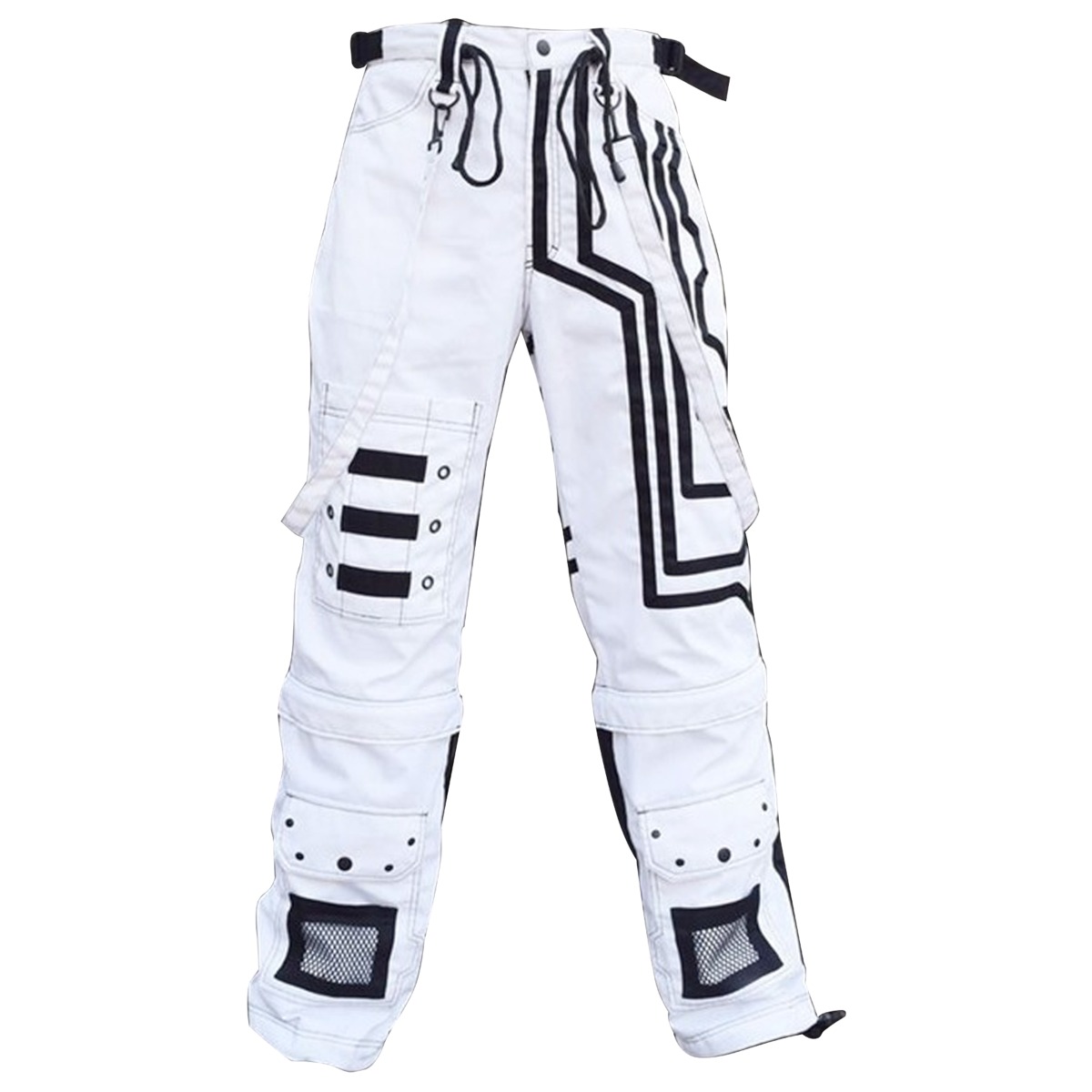 Men's White and Black Cyberpunk Gothic Baggy Pants Front View