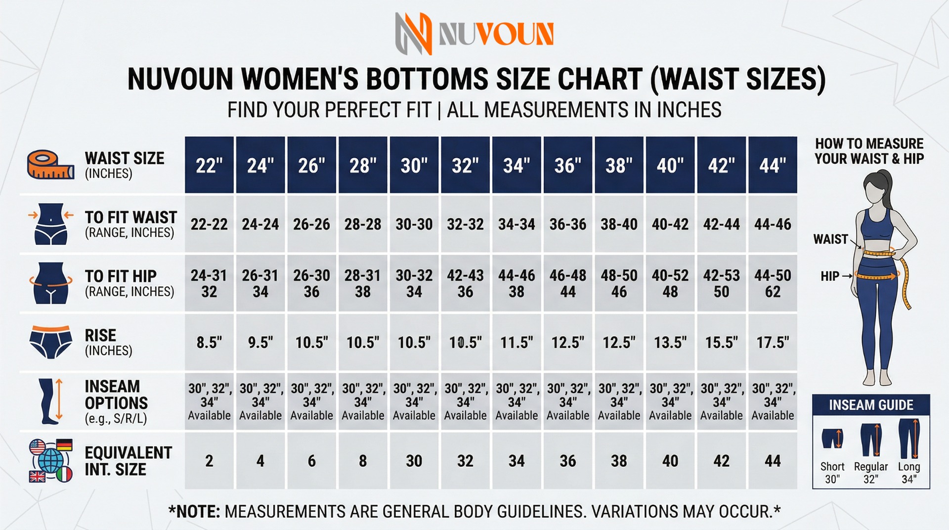 Nuvoun women's apparel size chart for pants and trousers