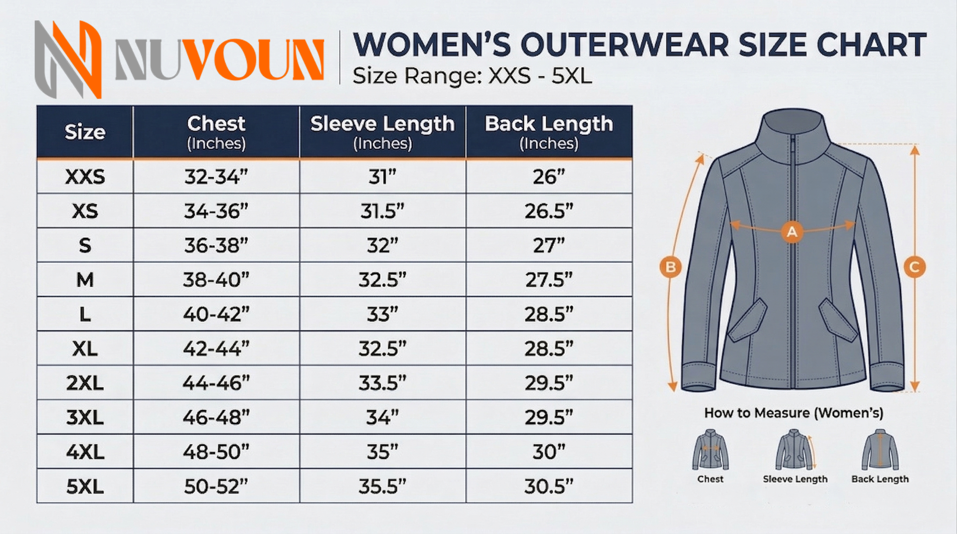Nuvoun Women's Outerwear Size Chart