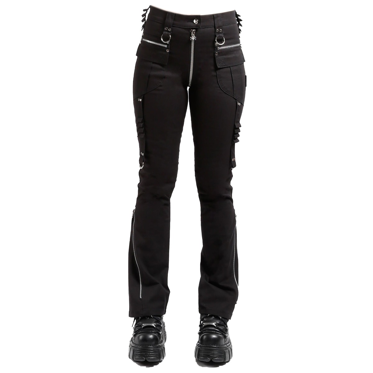 Nuvoun women's black tactical gothic pants with zipper details and cargo pockets, front view.