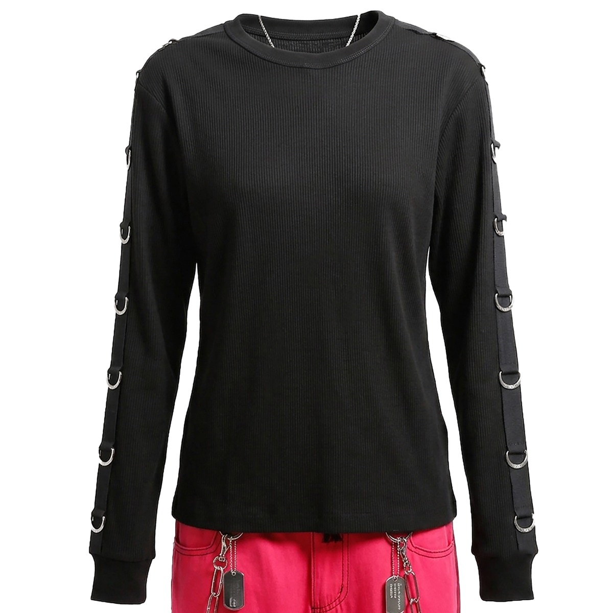 Nuvoun women's black ribbed long-sleeve gothic top featuring metal D-ring strap details along the sleeves.